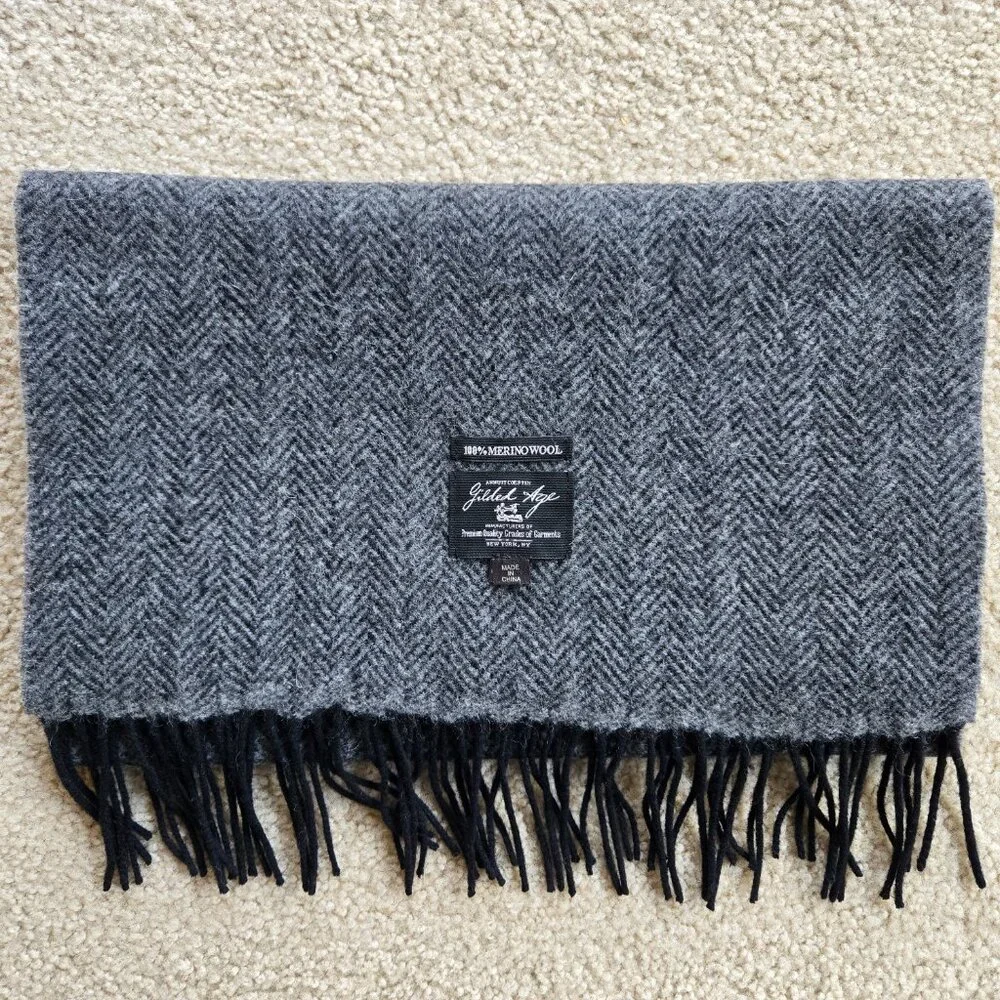 Gilded Age 100% Merino Wool Herringbone Grey Black Fringe Scarf